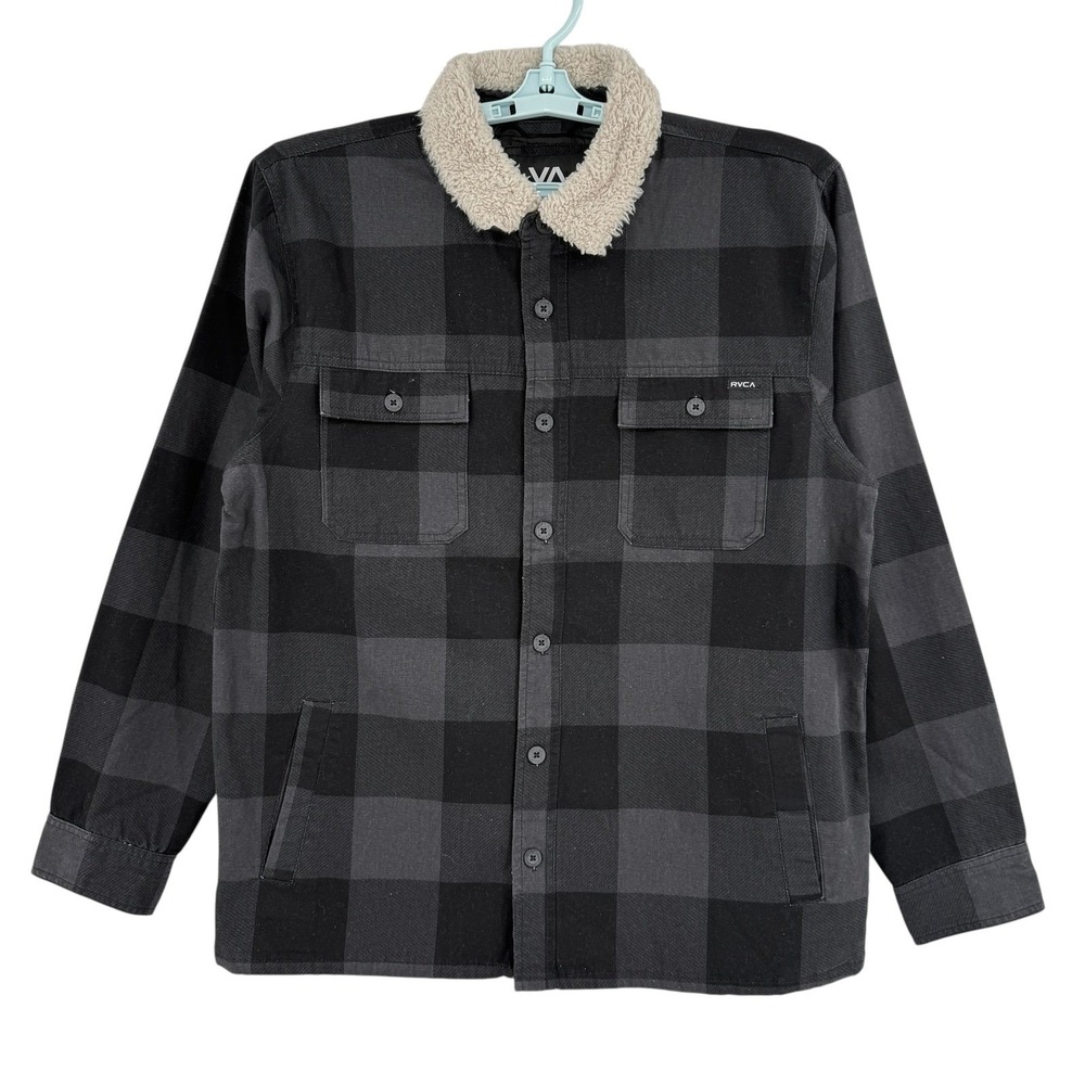 NWT RVCA Men's Black  Plaid Range Warm Jacket Shacket Sherpa Collar Lined Size L